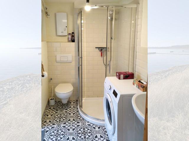 Badezimmer mit WC, Dusche und Waschmaschine